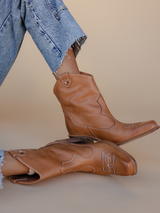 Free People Shoes - Free People Wandering Cognac Leather Western Ankle Boots 7.5